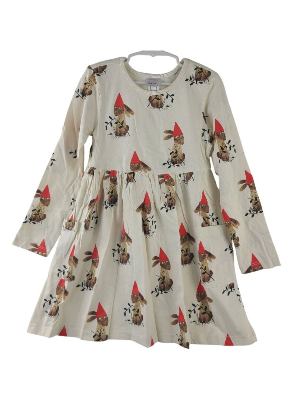 Hanna Andersson Girls Jon Klassen Pocket Dress Beige Bunny Gnome Print Sz 6-7